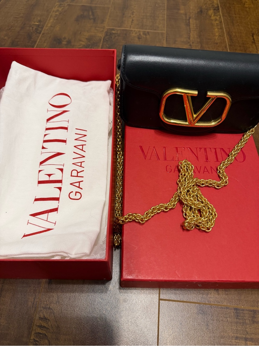 Valentino Garavani Black Leather V-Logo Chain Crossbody